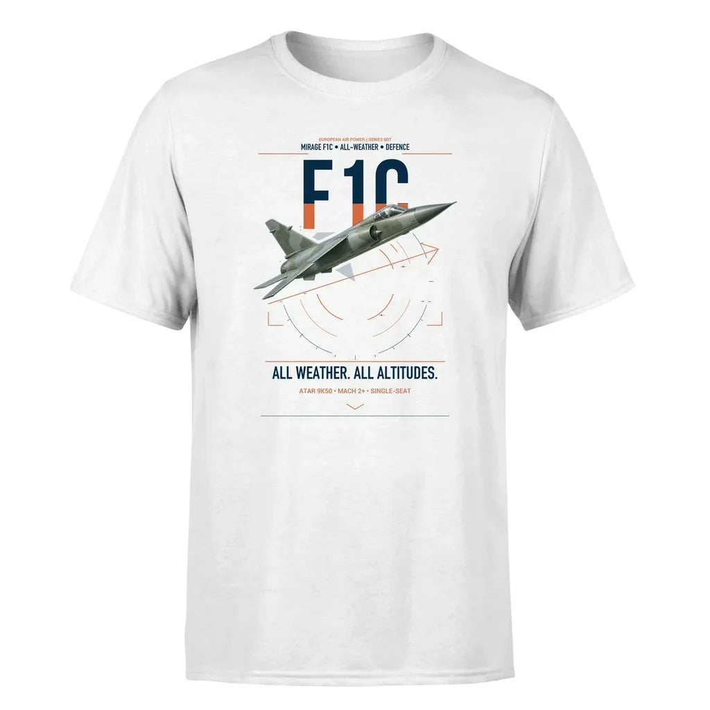 Dassault Mirage F1C design on white t-shirt, single-side print
