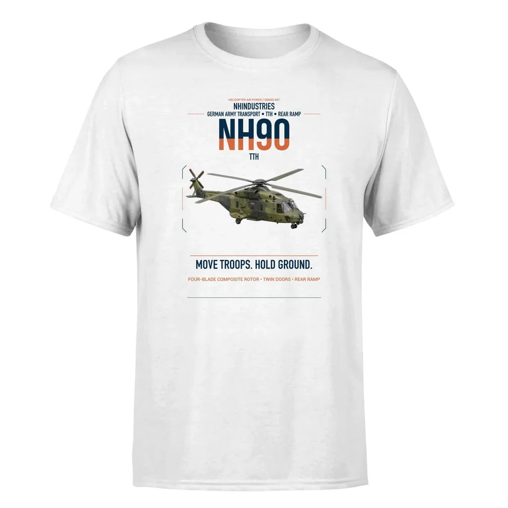 NHIndustries NH90 TTH design on white t-shirt, single-side print