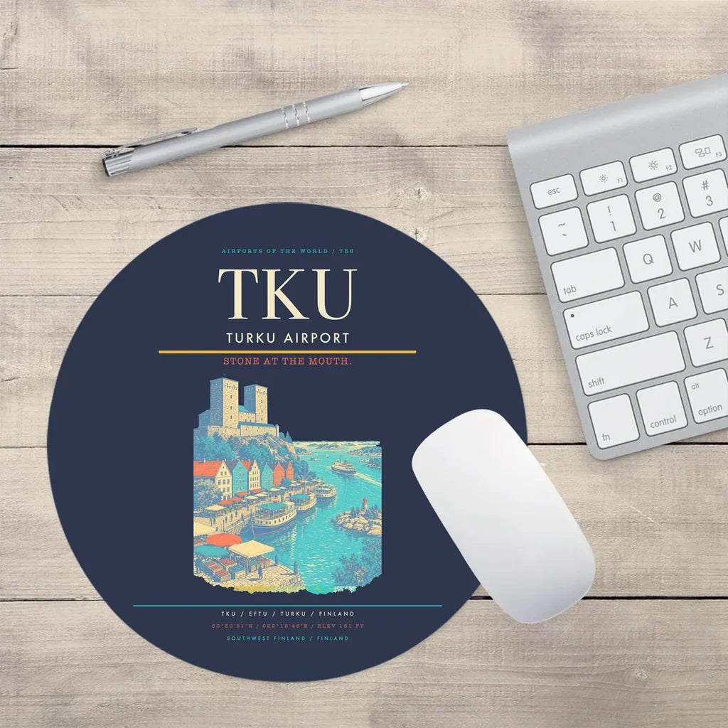 Turku Airport (TKU) design on navy blue round mouse pad