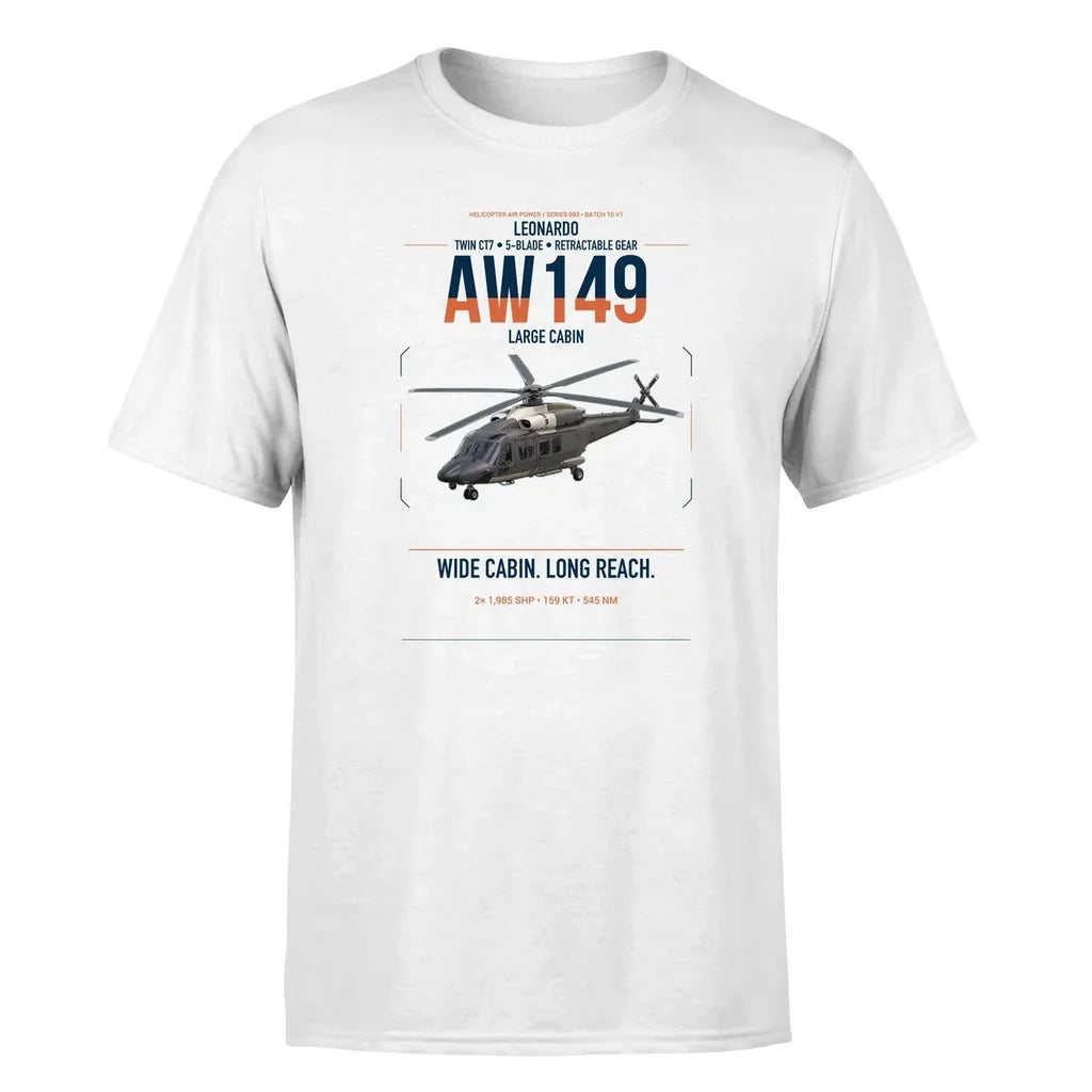 Leonardo AW149 design on white t-shirt, single-side print