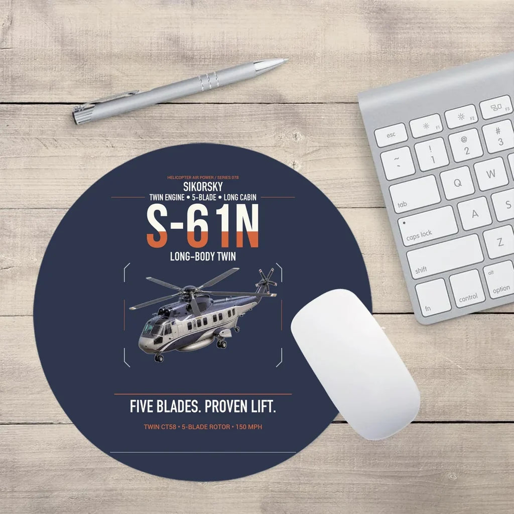 Sikorsky S-61N design on navy blue round mouse pad