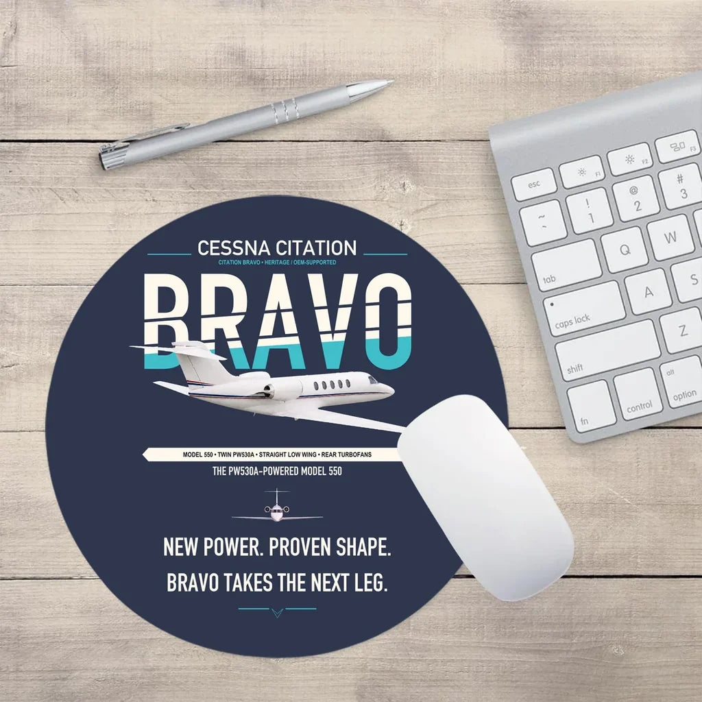 Cessna Citation Bravo design on navy blue round mouse pad