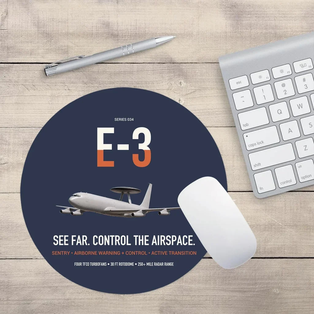 E-3 Sentry AWACS design on navy blue round mouse pad