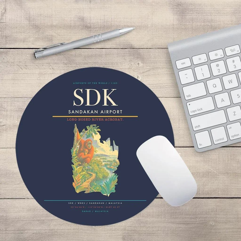 Sandakan Airport (SDK) design on navy blue round mouse pad