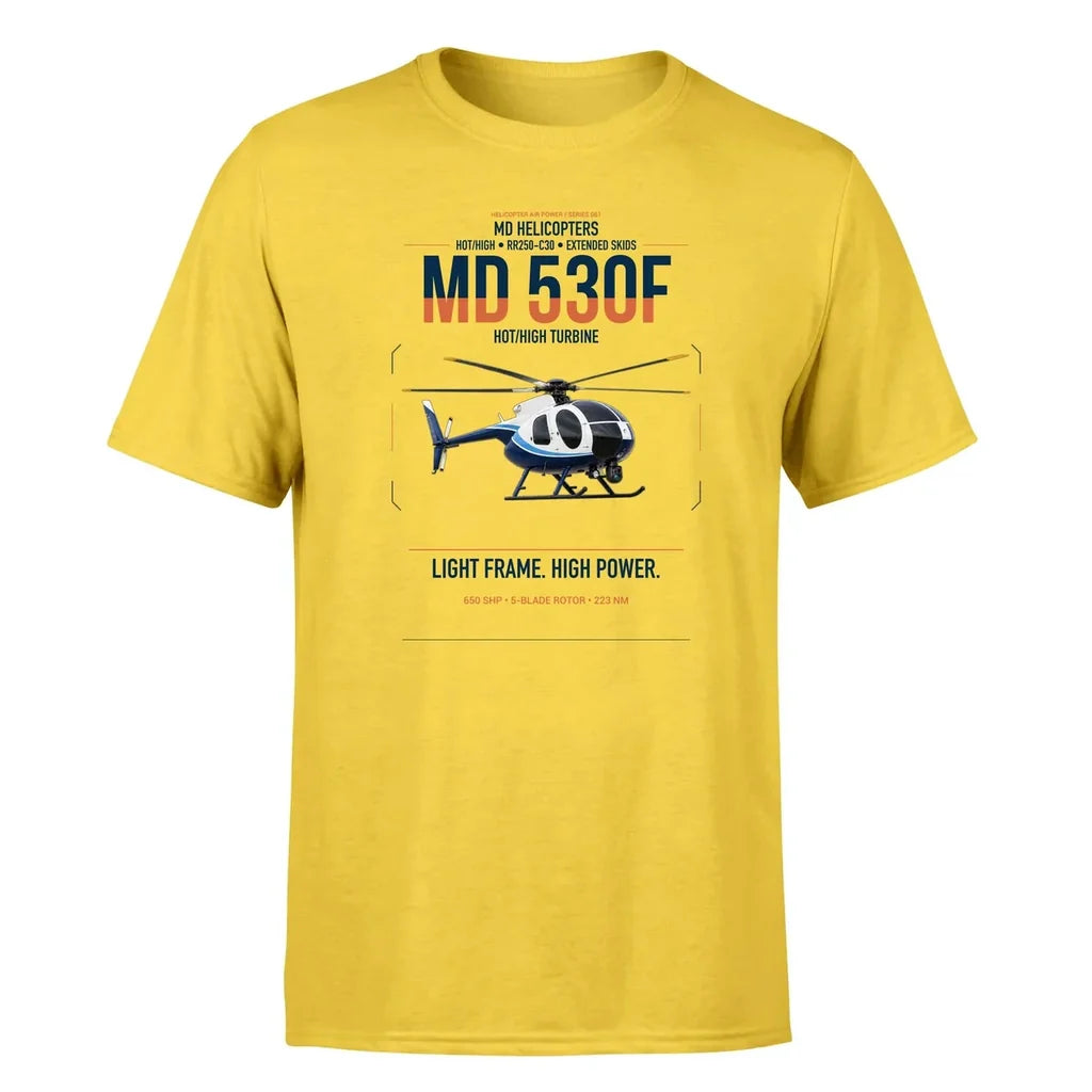 MD Helicopters MD 530F design on yellow t-shirt, single-side print