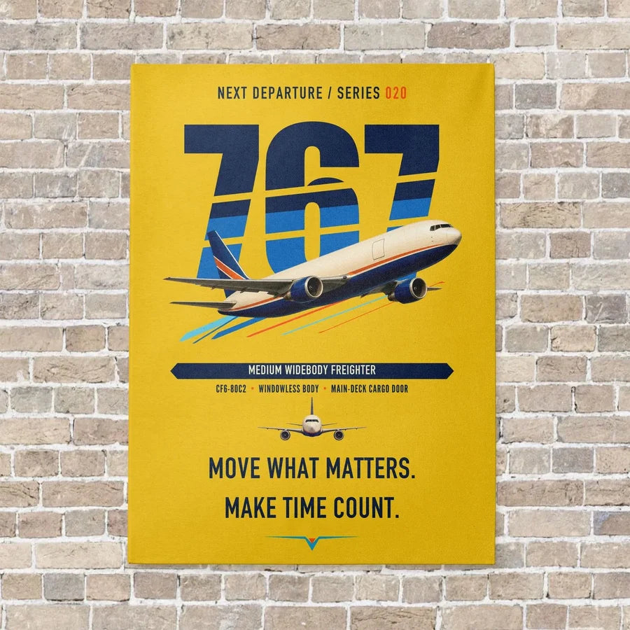 Boeing 767-300F vertical canvas print - no frame - yellow background
