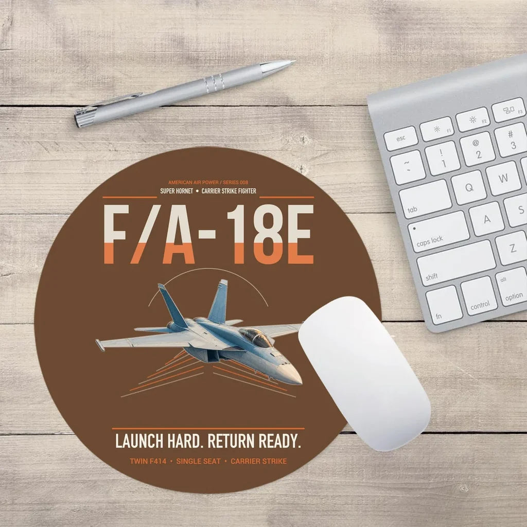 F-A-18E Super Hornet design on brown round mouse pad
