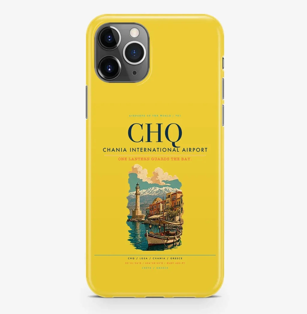 Chania Airport (CHQ) design on yellow iPhone 16 Pro MagSafe case