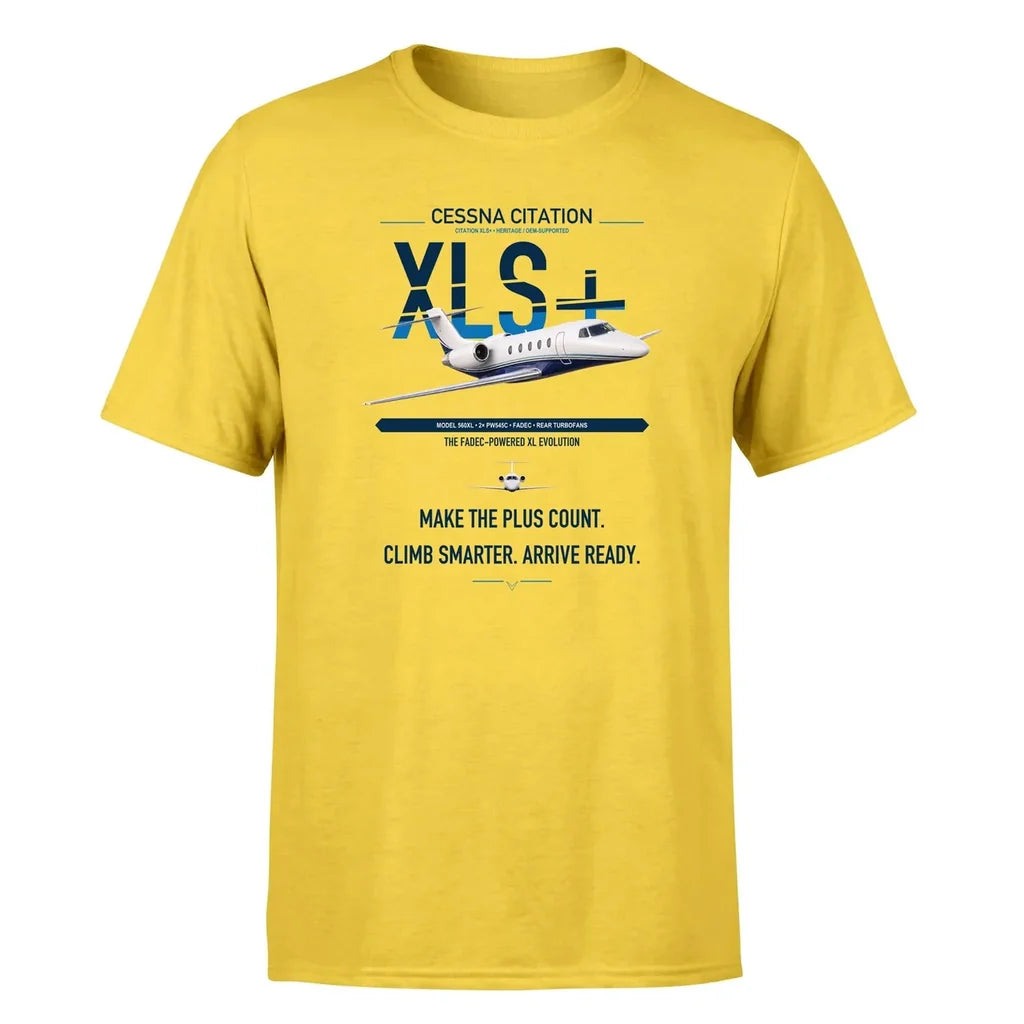 Cessna Citation XLSPlus design on yellow double-side t-shirt, single-side print