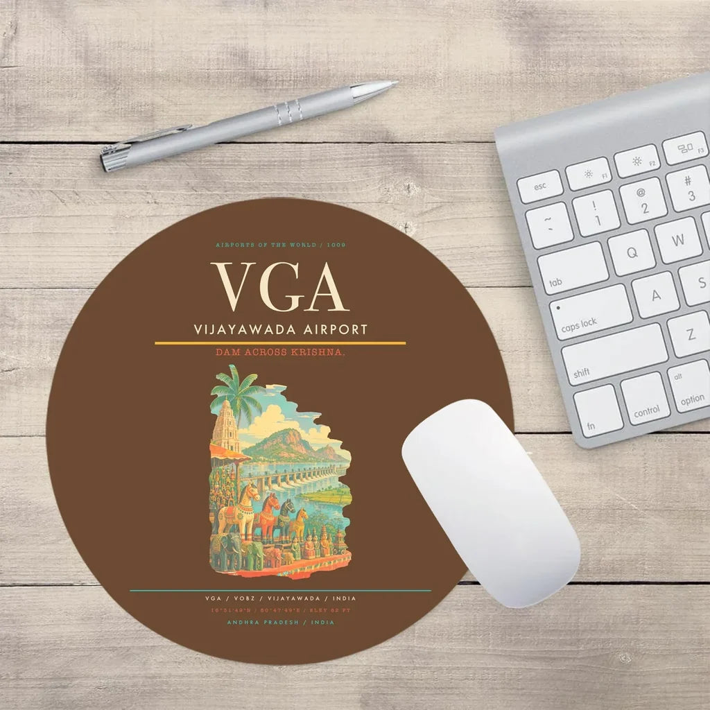 Vijayawada Airport (VGA) design on brown round mouse pad
