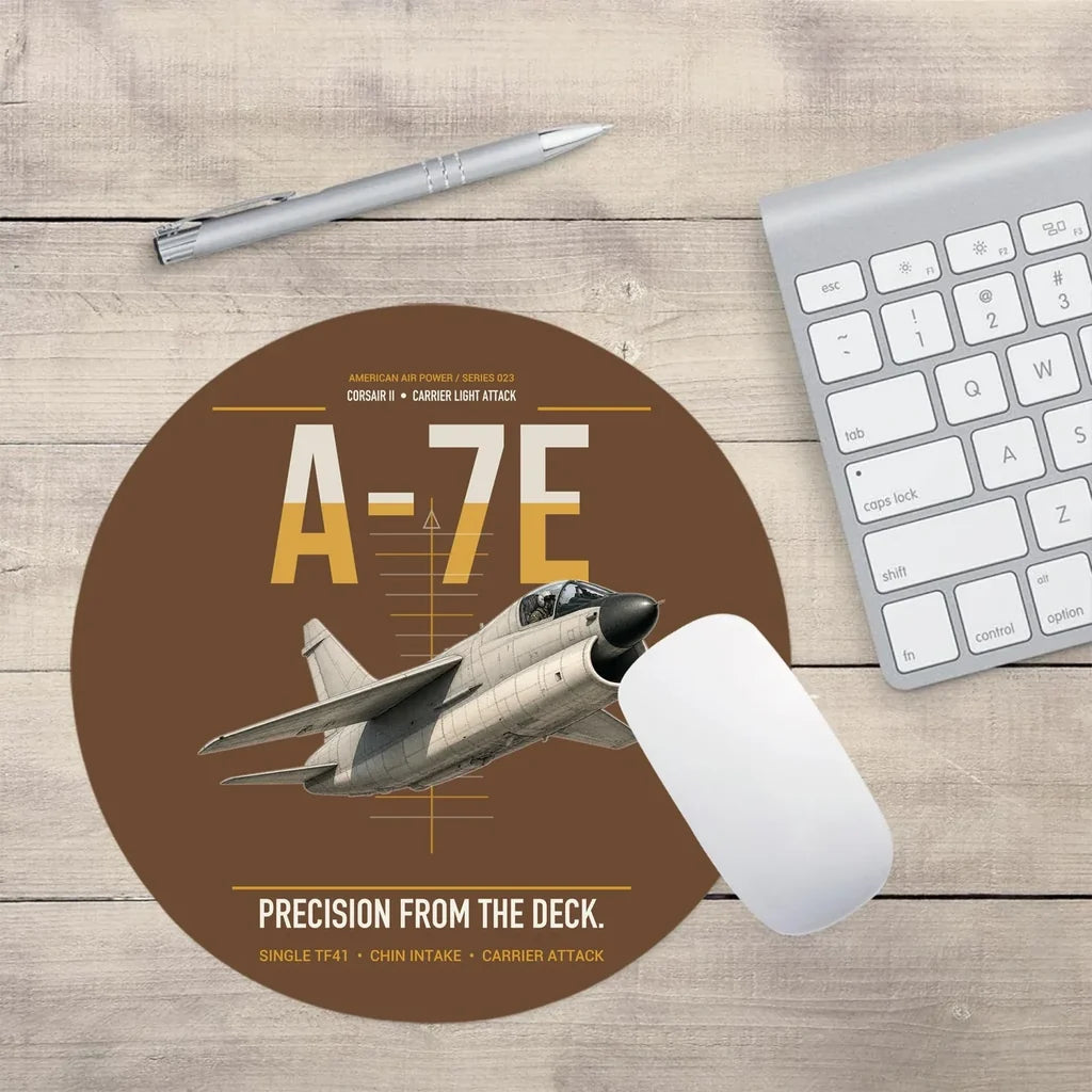 A-7E Corsair II design on brown round mouse pad
