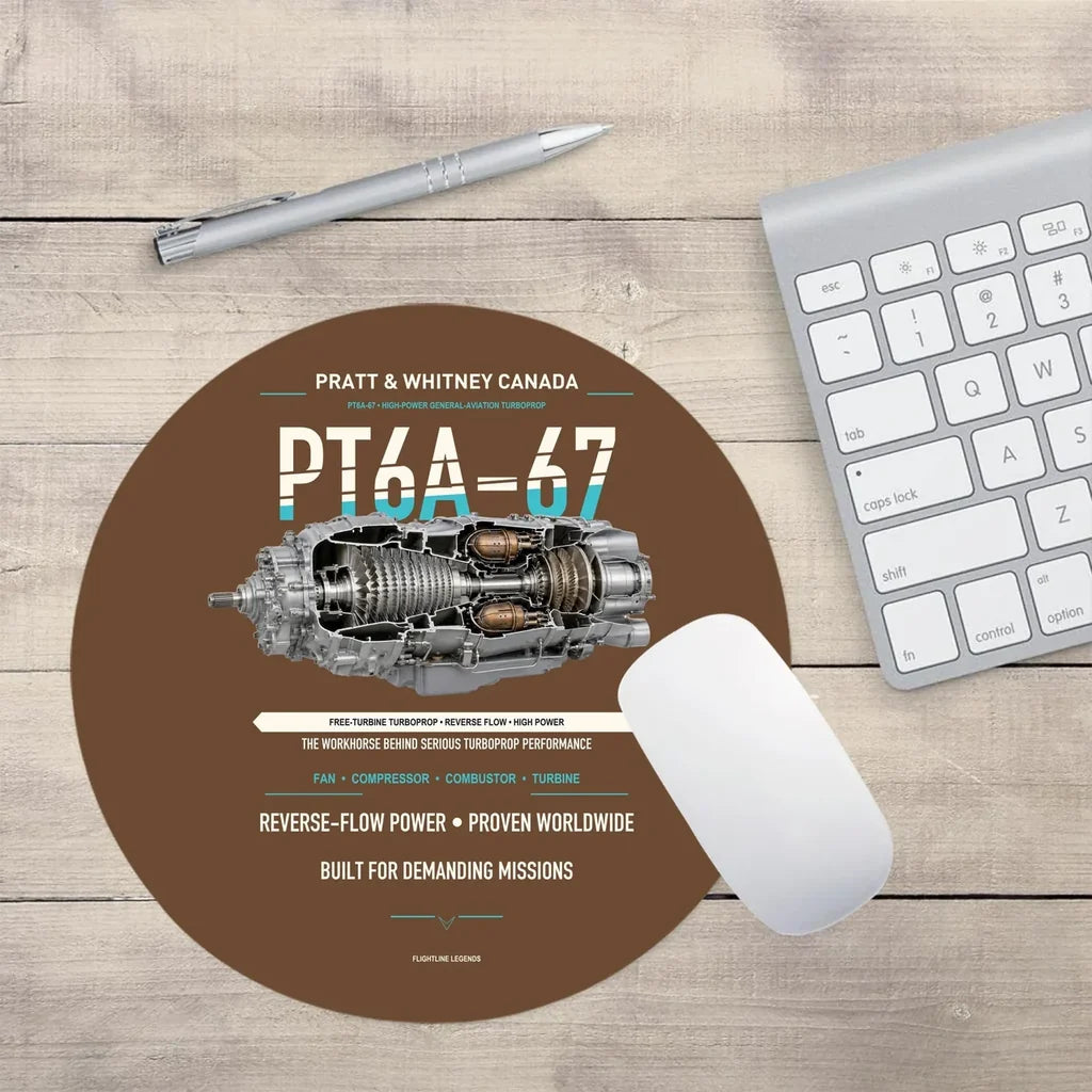 PT6A-67 design on brown round mouse pad
