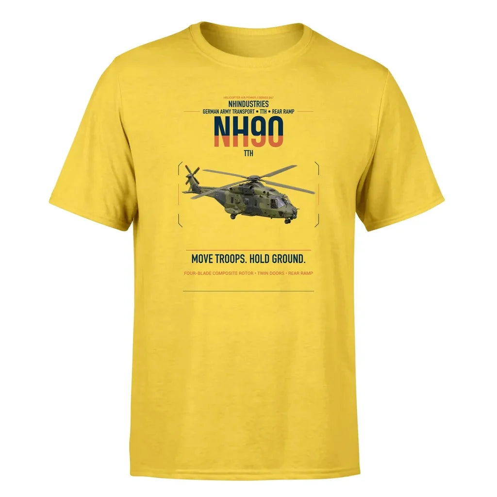 NHIndustries NH90 TTH design on yellow t-shirt, single-side print