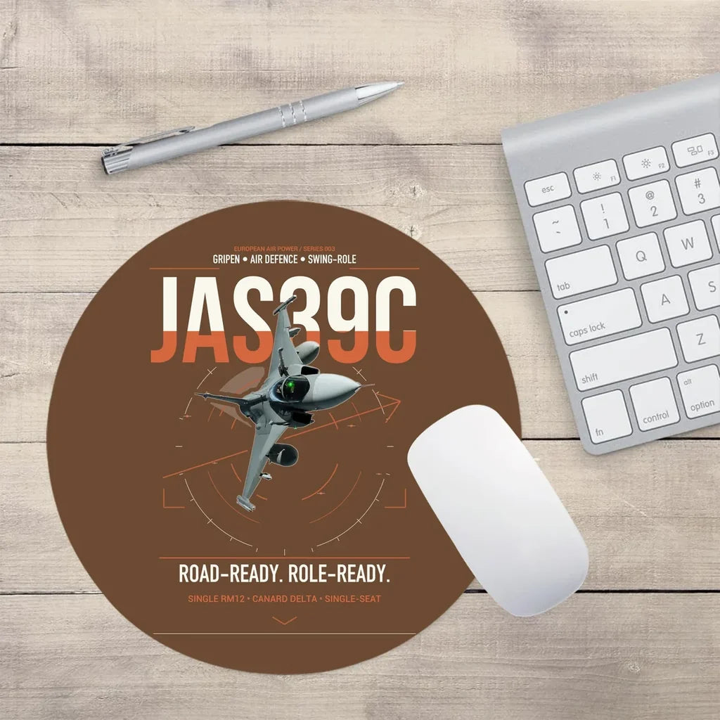 Saab JAS 39C Gripen design on brown round mouse pad