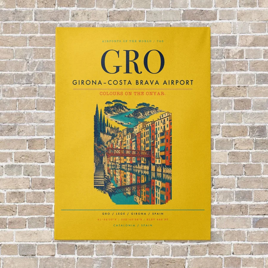 Girona–Costa Brava Airport GRO vertical canvas print - no frame - yellow background