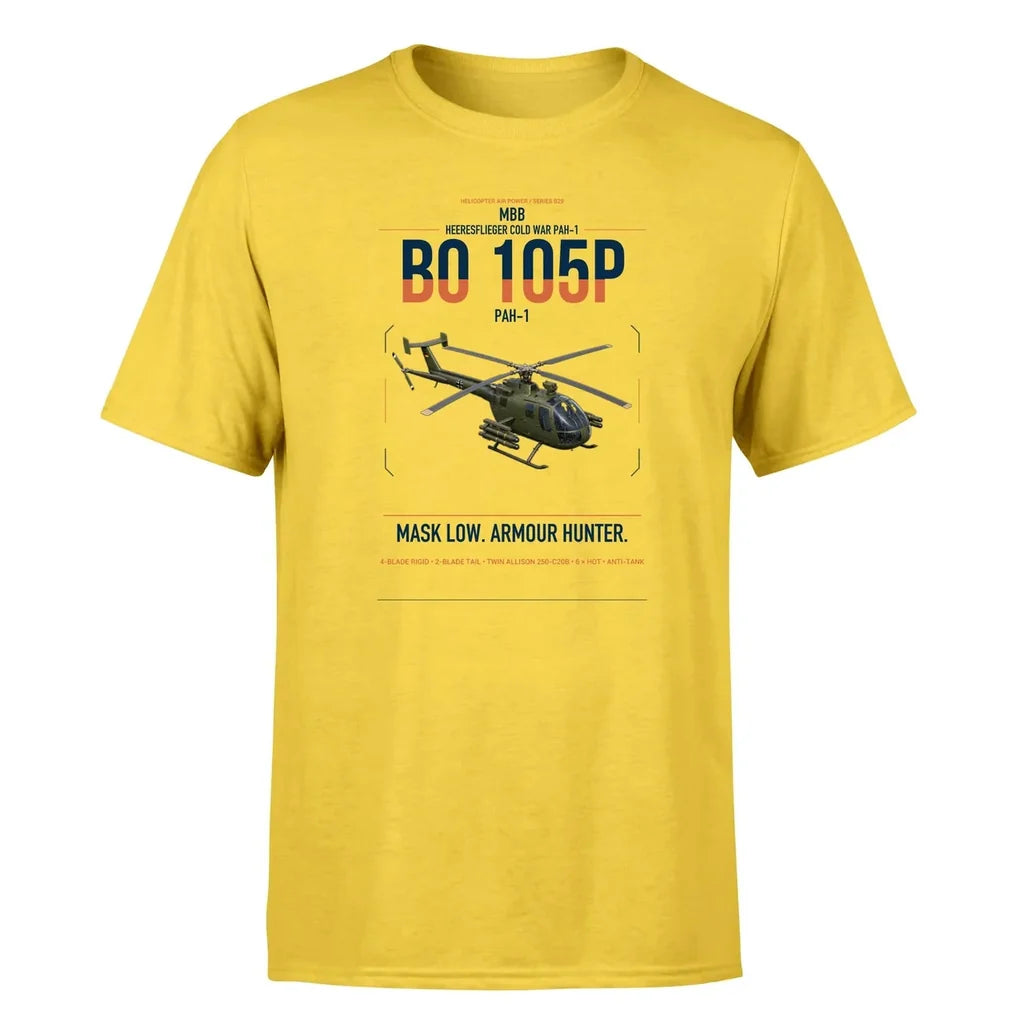 MBB BO 105P PAH-1 design on yellow t-shirt, single-side print