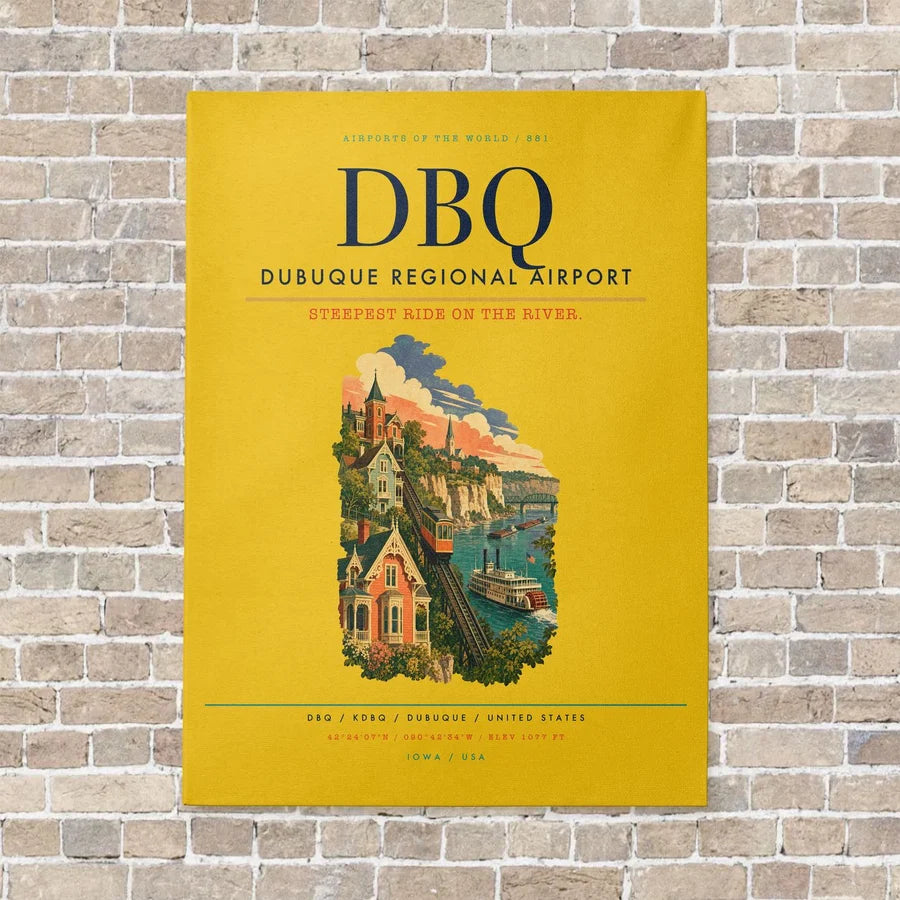Dubuque Regional Airport DBQ vertical canvas print - no frame - yellow background