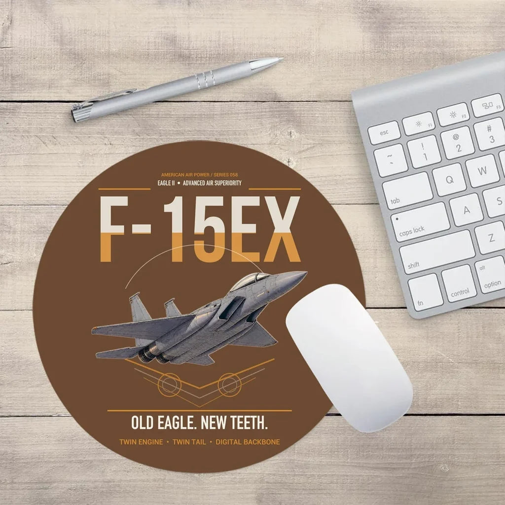 F-15EX Eagle II design on brown round mouse pad