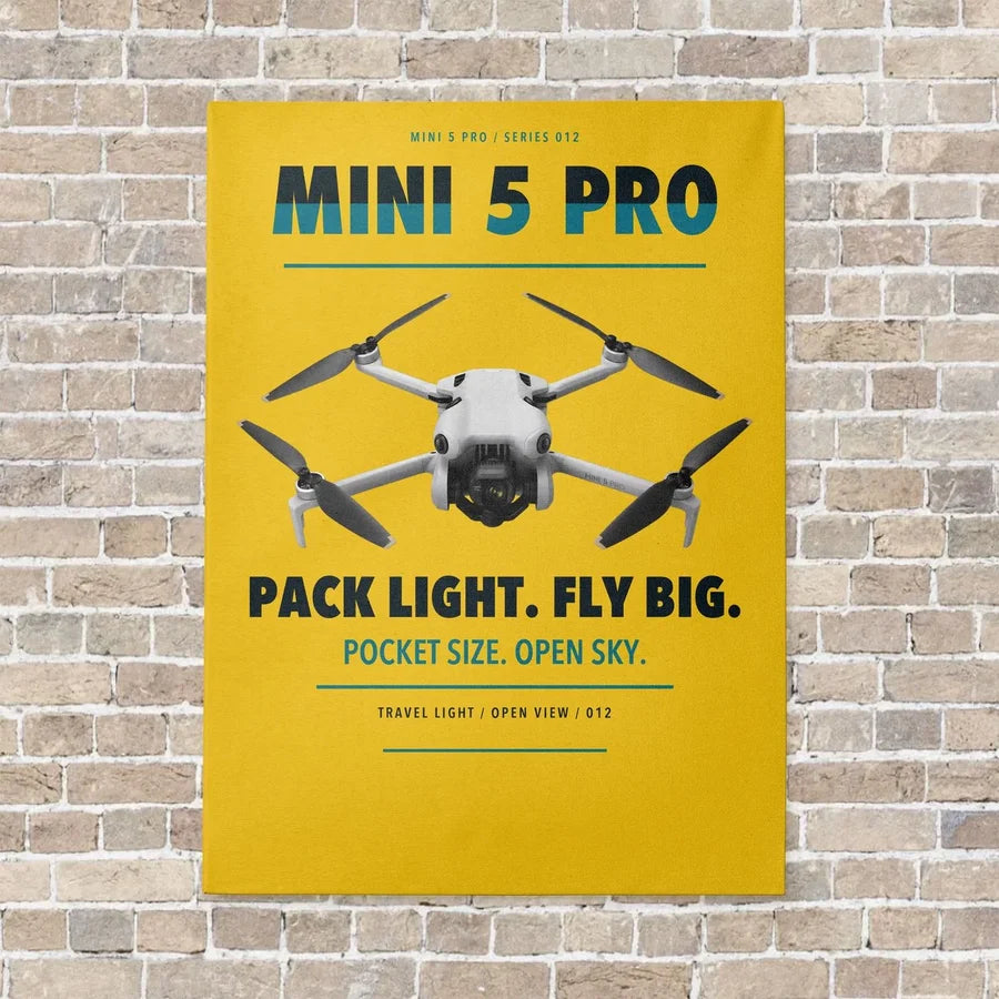 DJI Mini 5 Pro vertical canvas print - no frame - yellow background