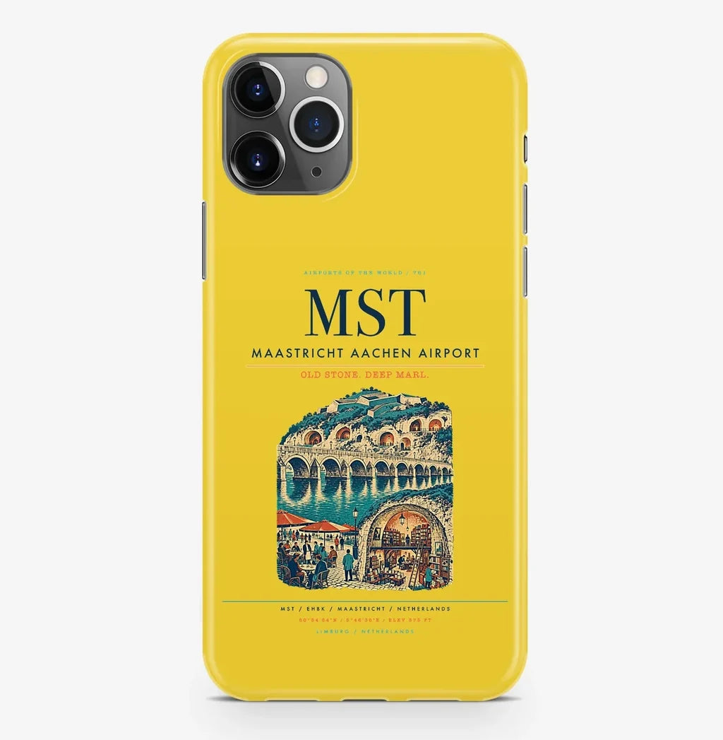 Maastricht Airport (MST) design on yellow iPhone 16 Pro MagSafe case