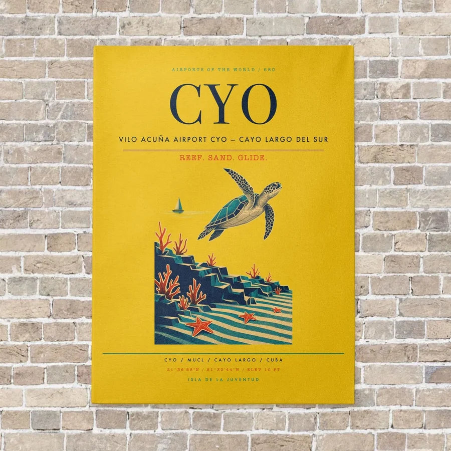 Vilo Acuña Airport CYO — Cayo Largo del Sur vertical canvas print - no frame - yellow background