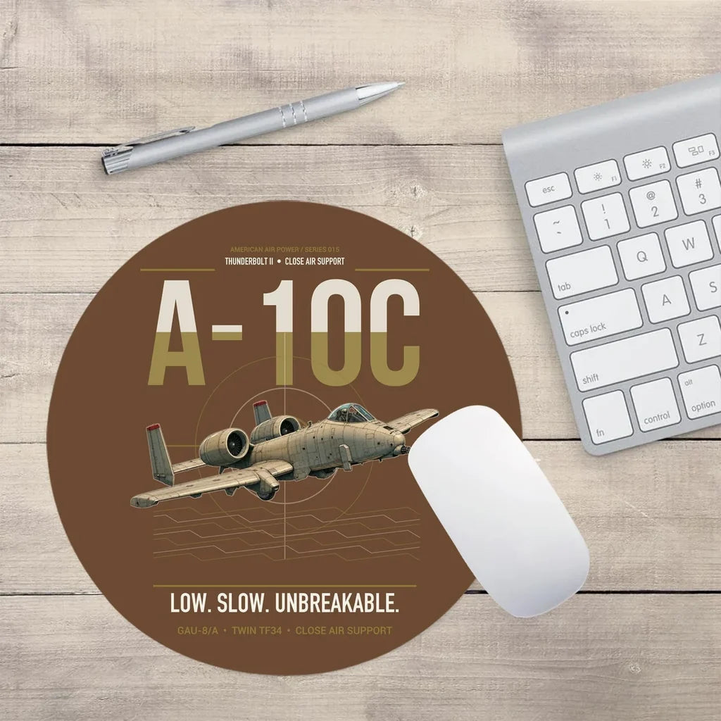 A-10C Thunderbolt II design on brown round mouse pad