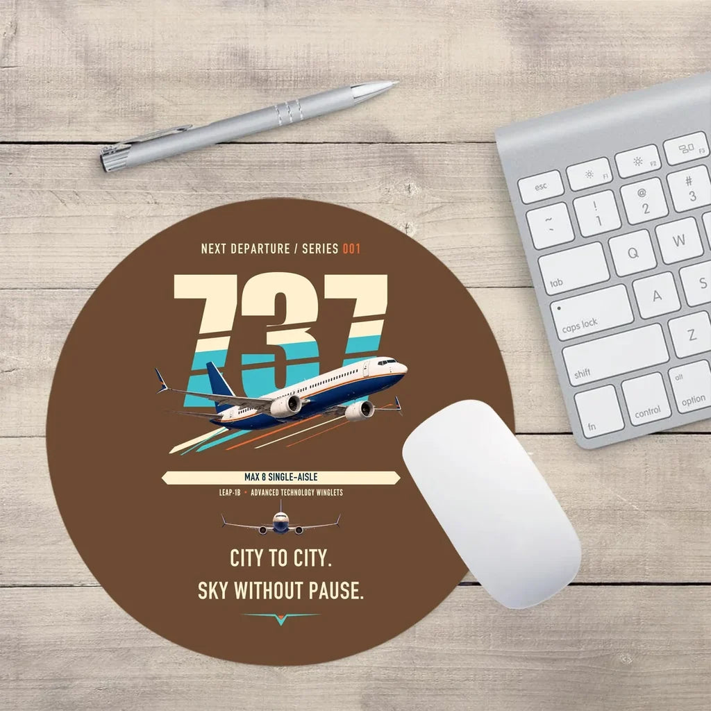 Boeing 737 MAX 8 design on brown round mouse pad