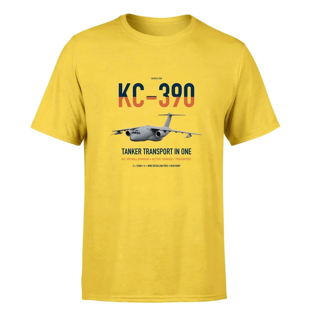 Embraer KC-390 Millennium design on yellow double-side t-shirt, single-side print
