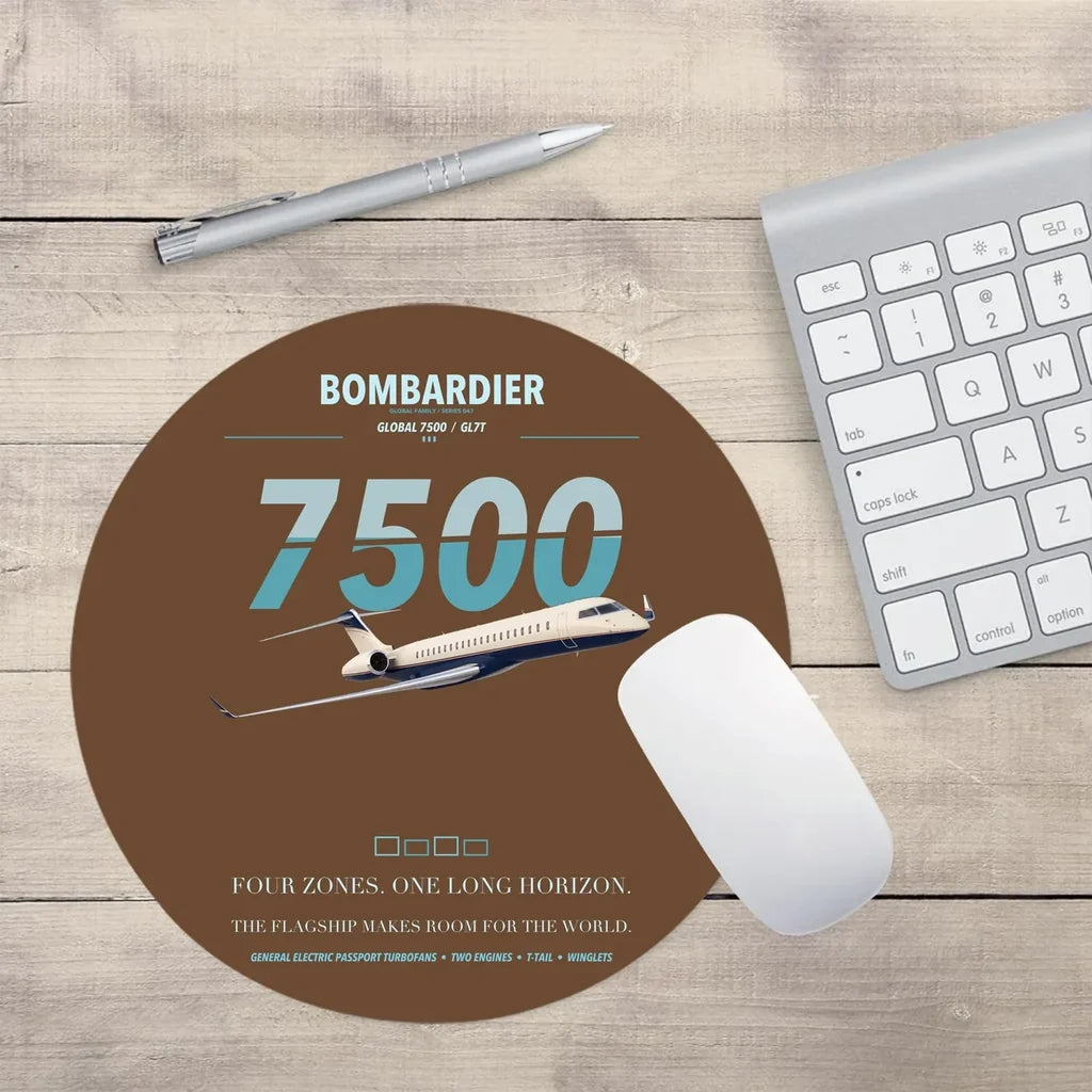 Bombardier Global 7500 design on brown round mouse pad