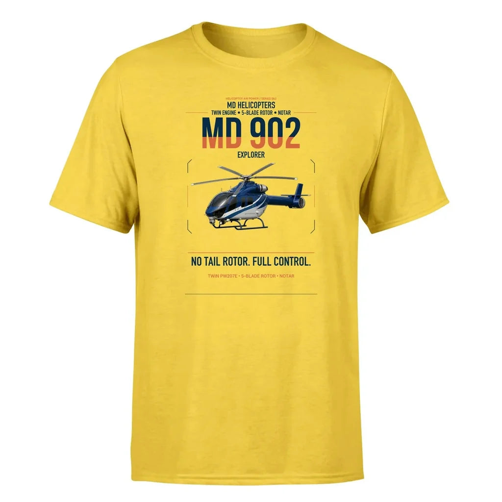 MD Helicopters MD 902 Explorer design on yellow t-shirt, single-side print
