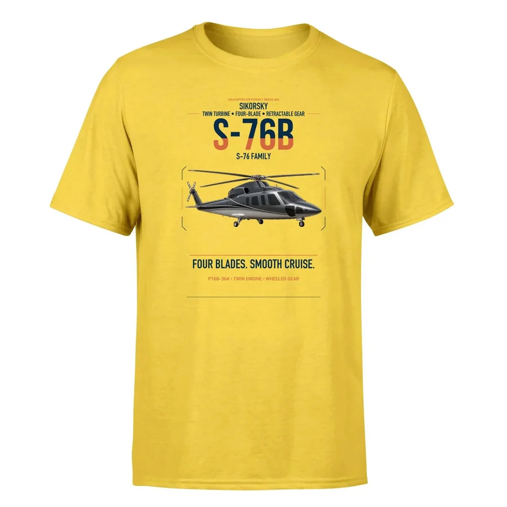 Sikorsky S-76B design on yellow t-shirt, single-side print