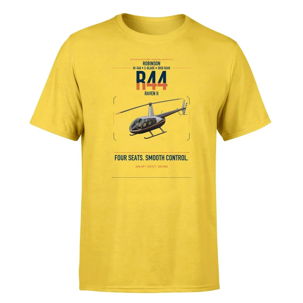 Robinson R44 Raven II design on yellow t-shirt, single-side print