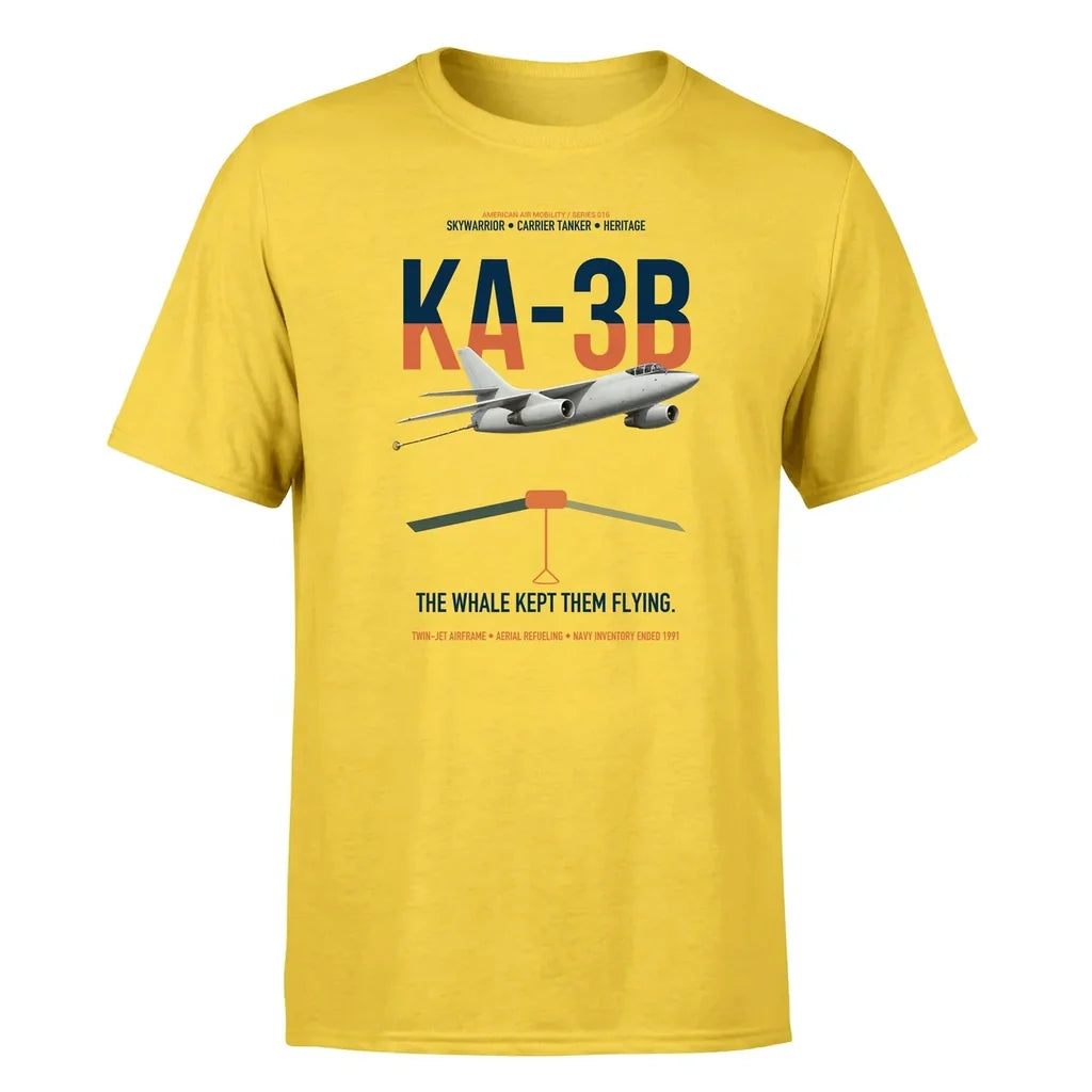 KA-3B Skywarrior design on yellow double-side t-shirt, single-side print