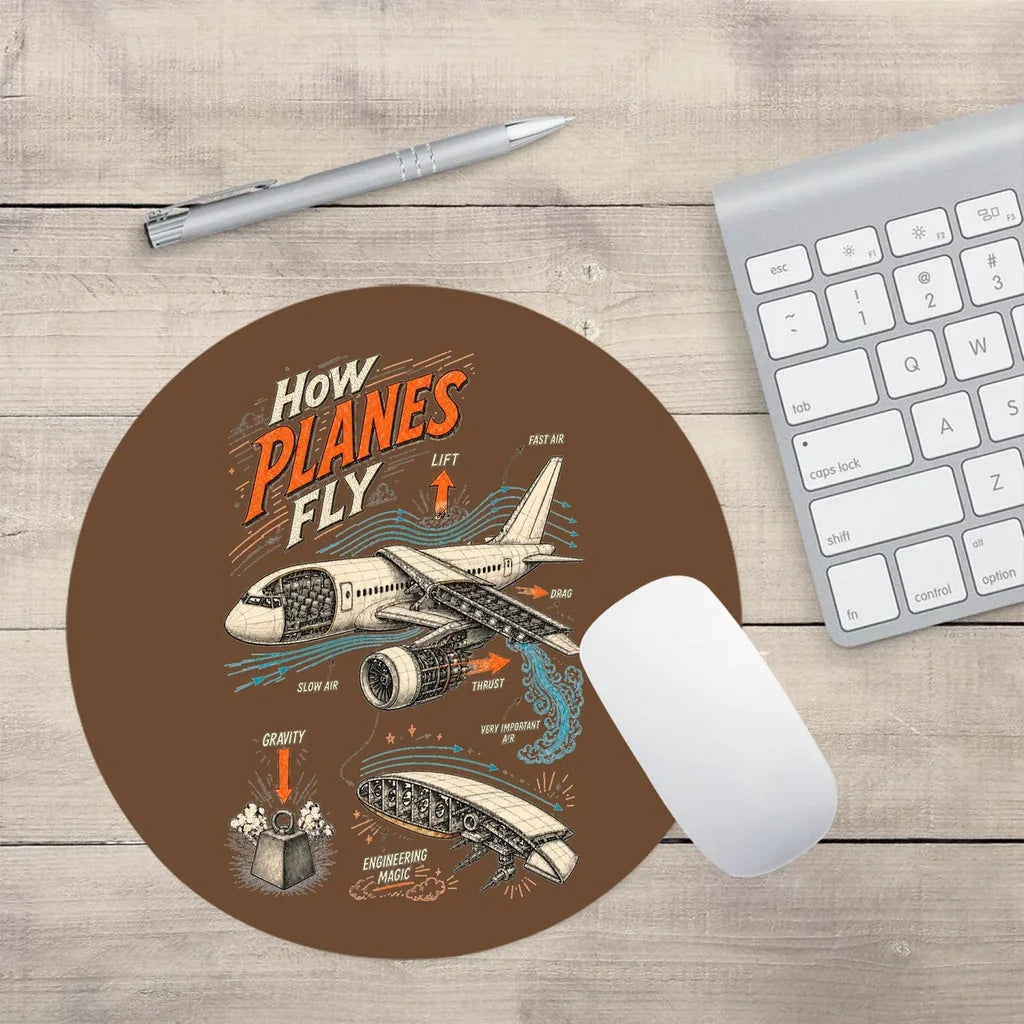 How Planes Fly V2 design on brown round mouse pad