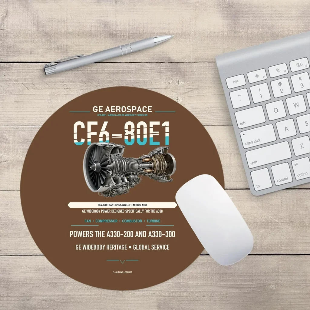 CF6-80E1 design on brown round mouse pad