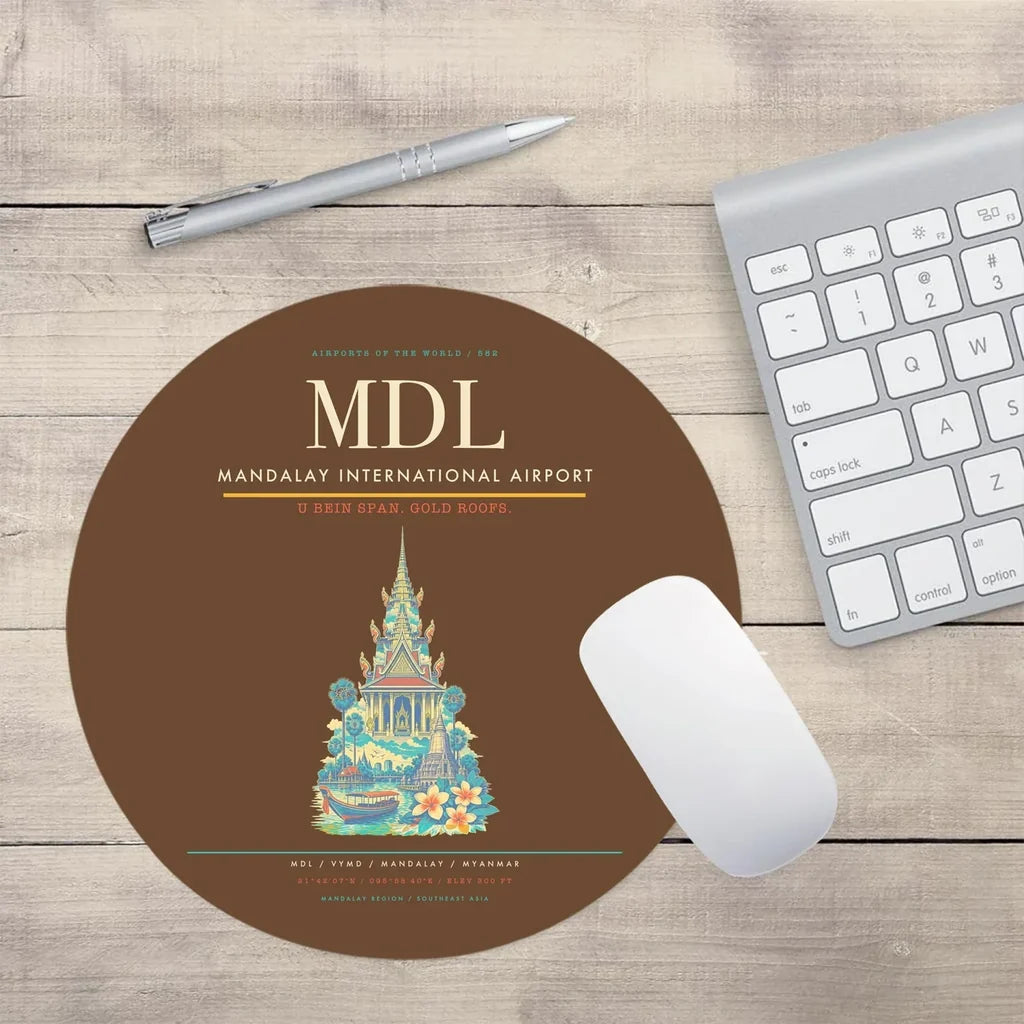 Mandalay International Airport (MDL) design on brown round mouse pad