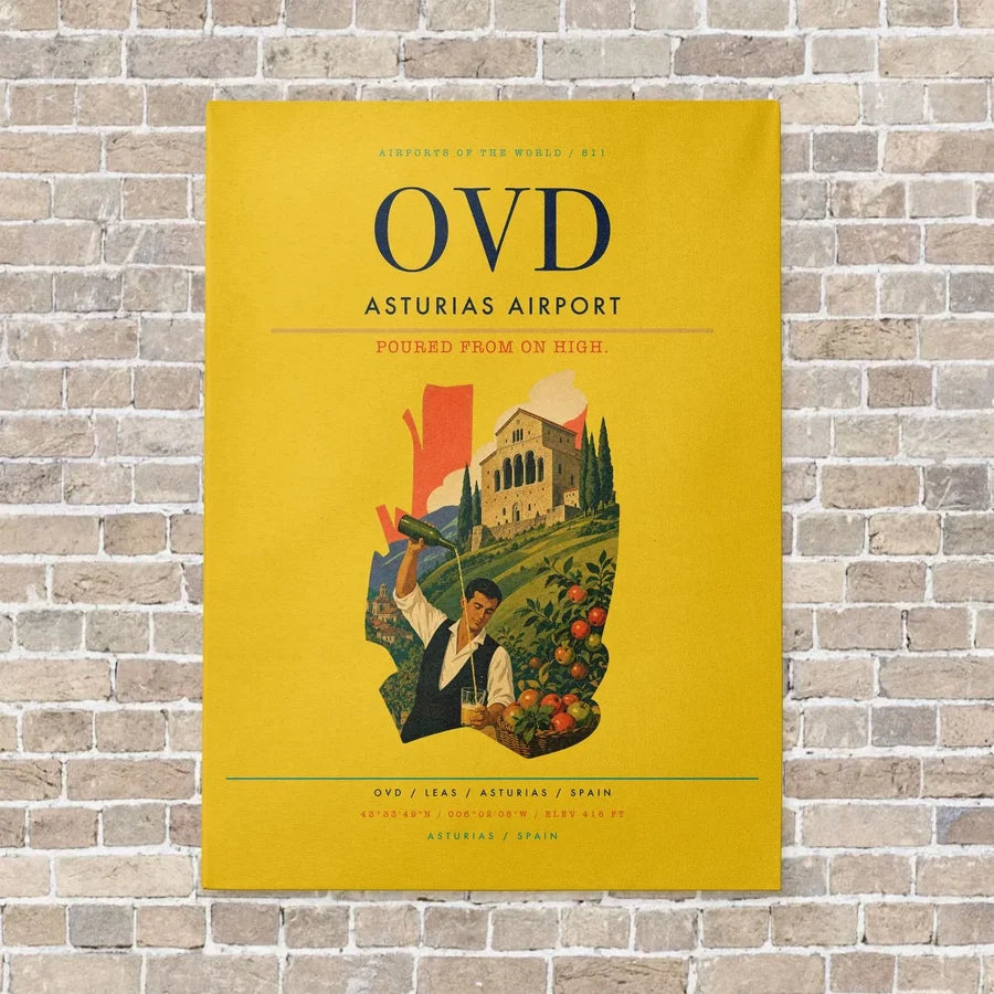 Asturias Airport OVD vertical canvas print - no frame - yellow background