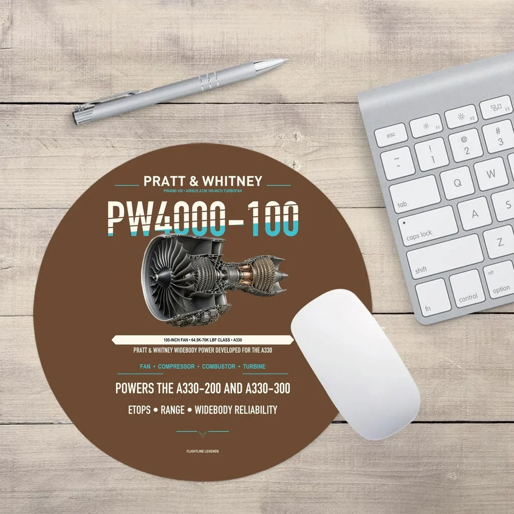 PW4000-100 design on brown round mouse pad