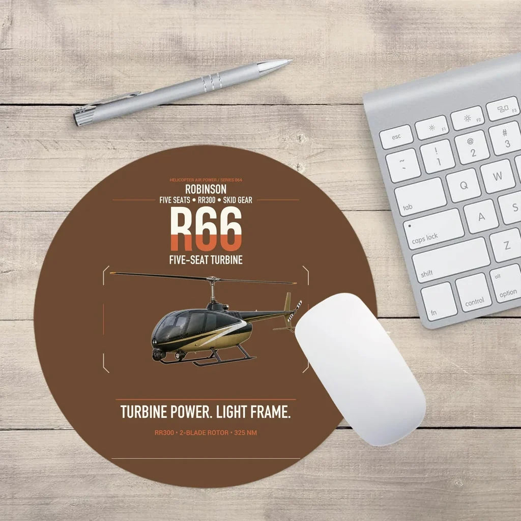 Robinson R66 design on brown round mouse pad