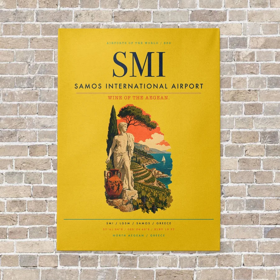Samos International Airport SMI vertical canvas print - no frame - yellow background