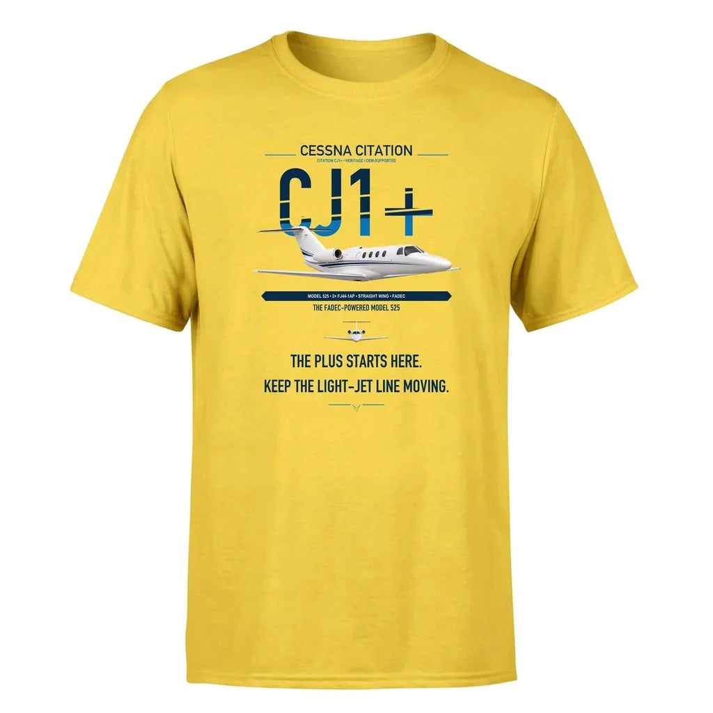 Cessna Citation CJ1+ design on yellow double-side t-shirt, single-side print