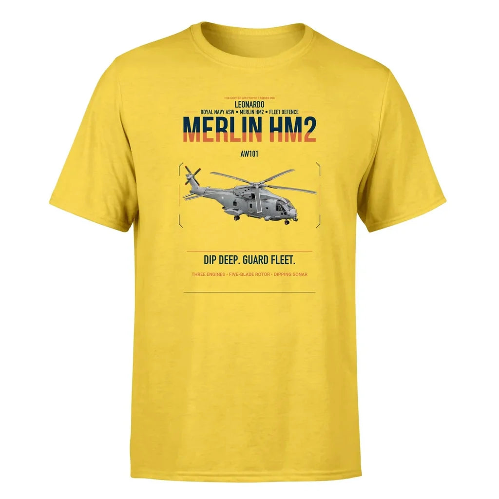 Leonardo AW101 Merlin HM2 design on yellow t-shirt, single-side print
