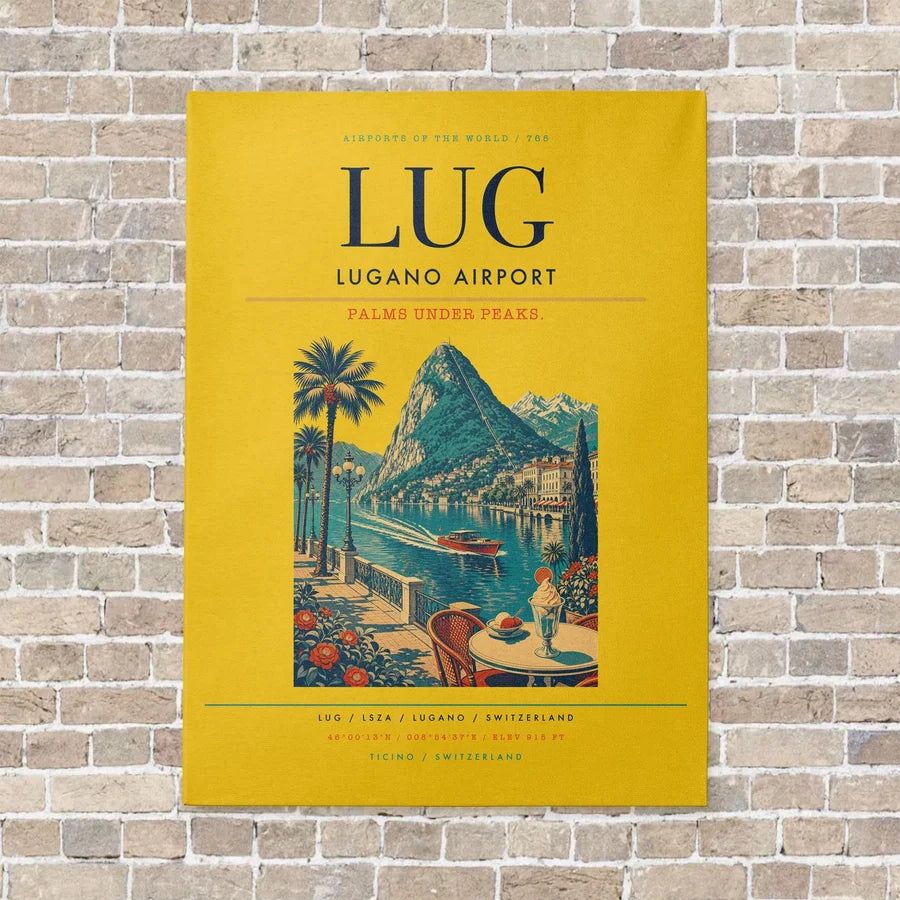Lugano Airport LUG vertical canvas print - no frame - yellow background