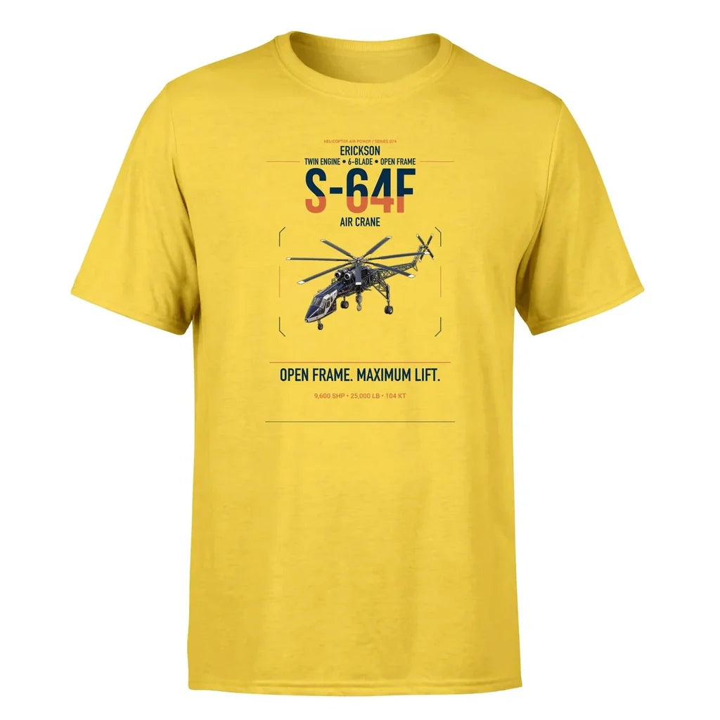 Erickson S-64F Air Crane design on yellow t-shirt, single-side print