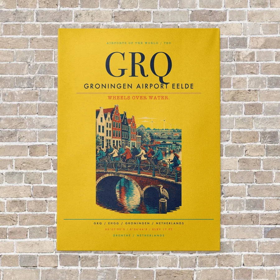 Groningen Airport Eelde GRQ vertical canvas print - no frame - yellow background