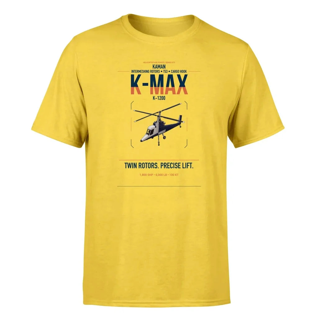 Kaman K-1200 K-MAX design on yellow t-shirt, single-side print