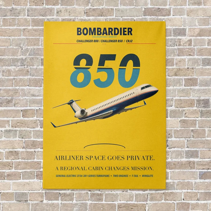 Bombardier Challenger 850 vertical canvas print - no frame - yellow background