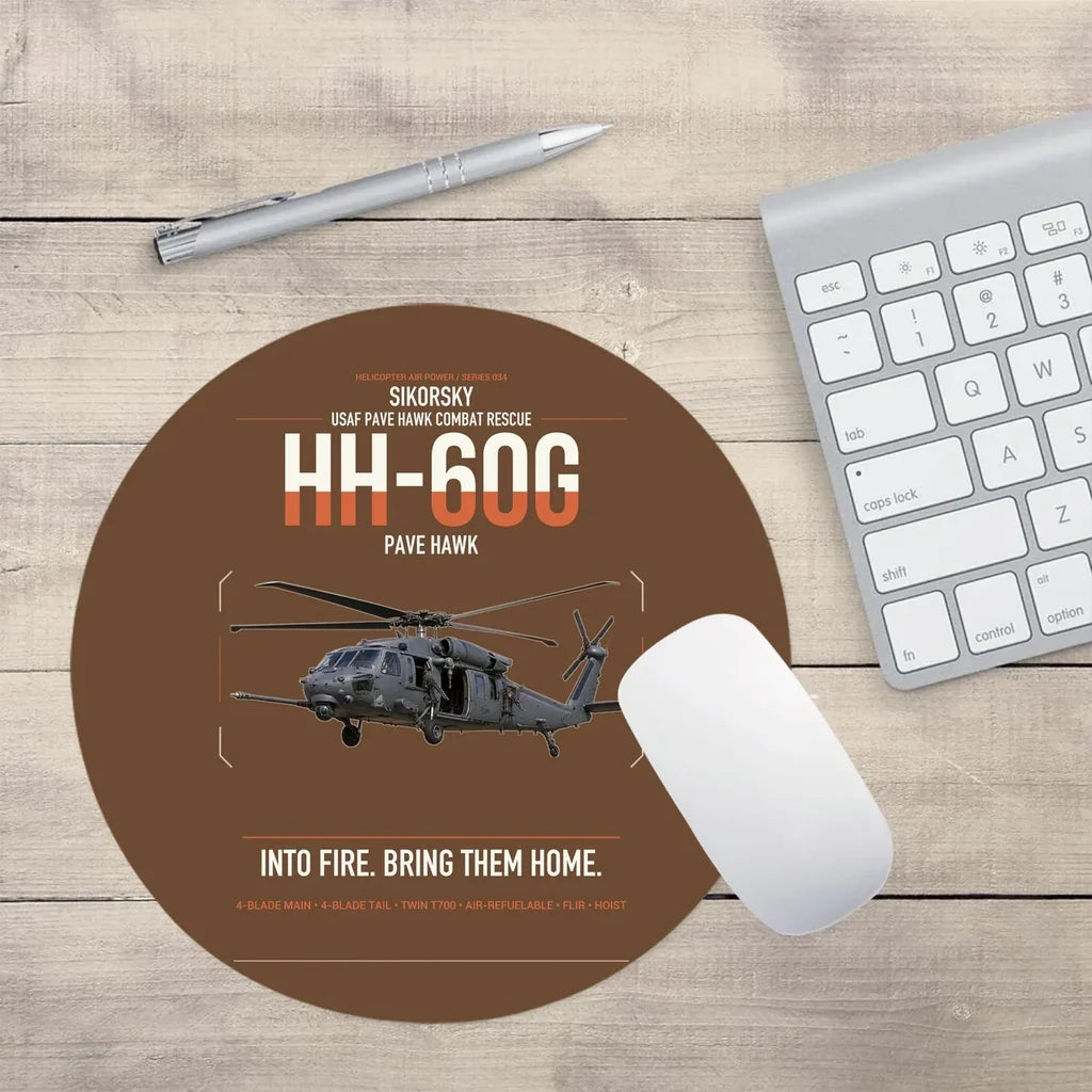 Sikorsky HH-60G Pave Hawk design on brown round mouse pad