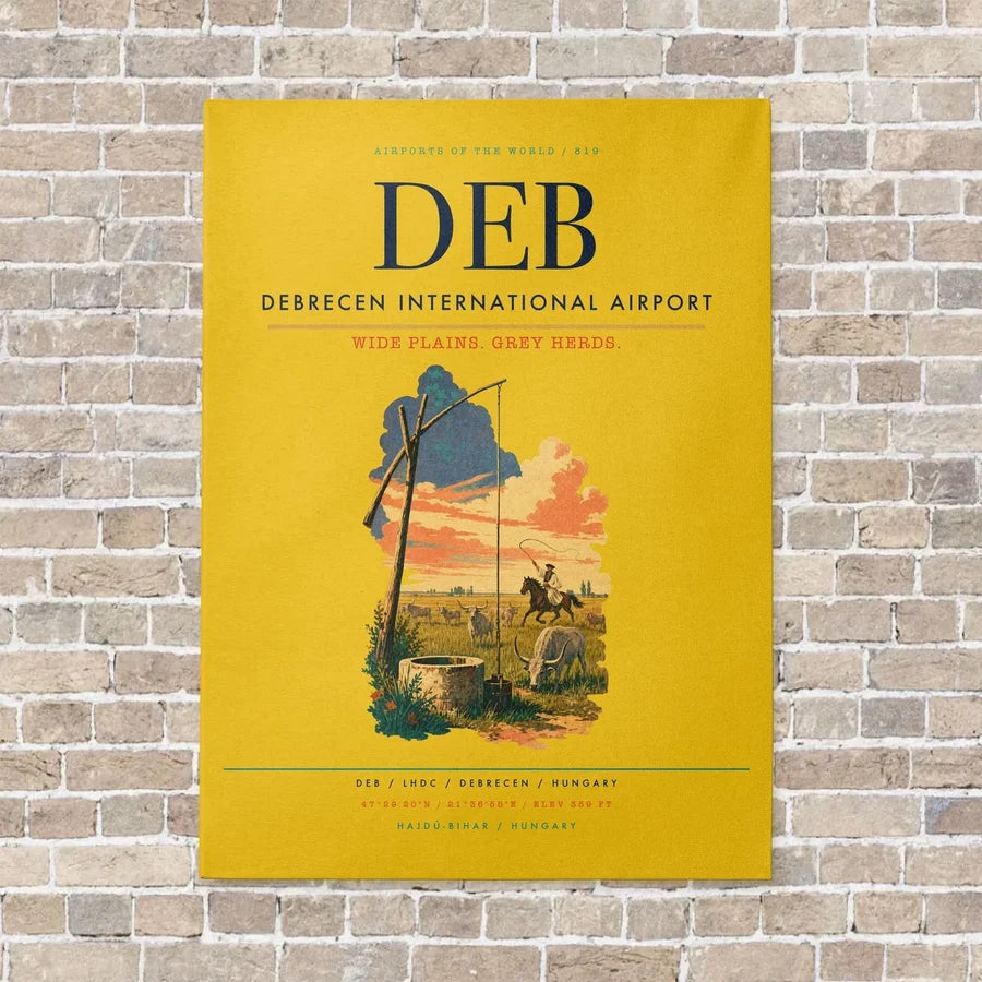 Debrecen International Airport DEB vertical canvas print - no frame - yellow background