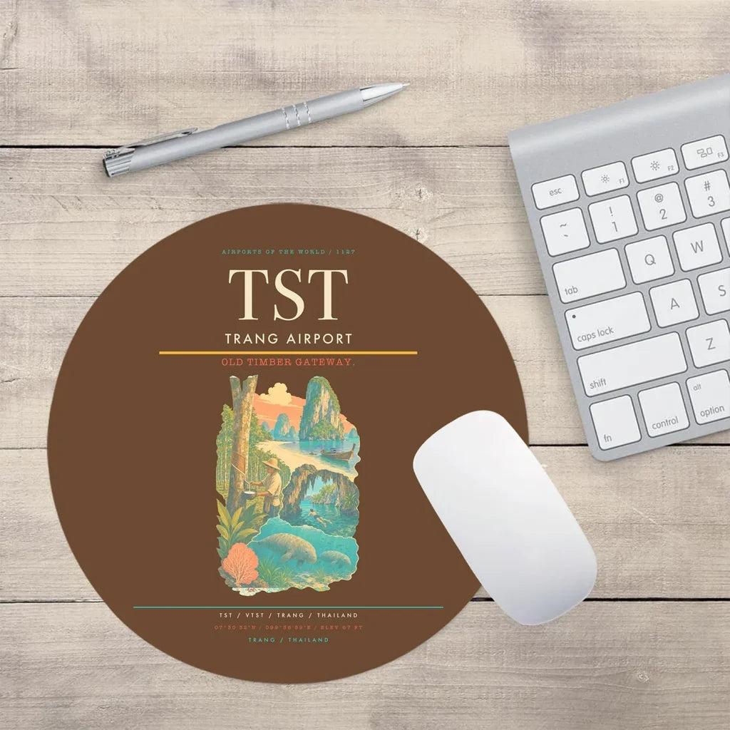 Trang Airport (TST) design on brown round mouse pad